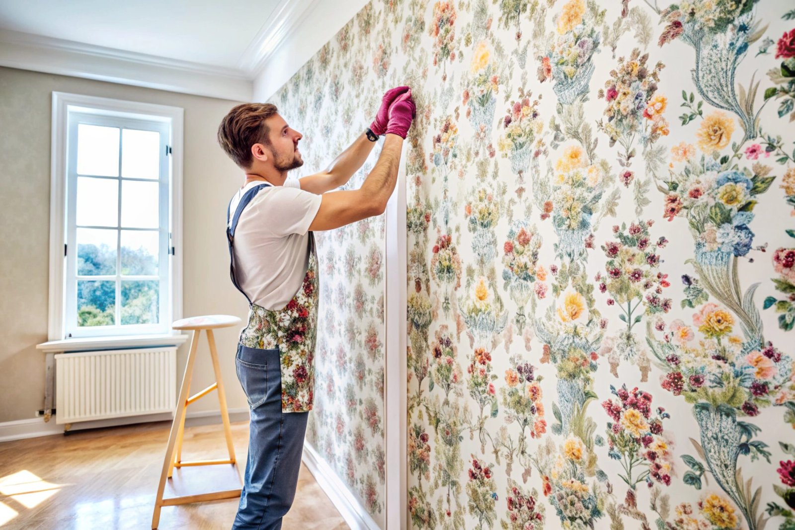 Wallpapering. Professional Wallpaper Hanging in room of flat. Pasting wallpaper on the wall. Painting, Decorating, Transforming Homes with New Wallpaper. Wallpaper Installation